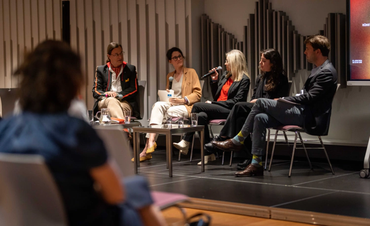 Left to right: Panel with Alexander Dumreicher-Ivanceanu, FAMA---Film and Music Austria, Christina Maaß, UNSECO Commission, Christine Bauer, University of Salzburg, Transmedia artist S()fia Braga, Patrick Ager, Bertelsmann. Image credit: **BMKÖS/HBF/D. Trippolt**, 2024.
[CC BY-ND 4.0](https://creativecommons.org/licenses/by-nd/4.0/)